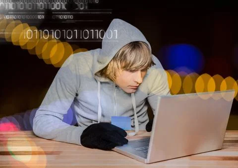 3d Blond hair hacker using a laptop Stock Photos