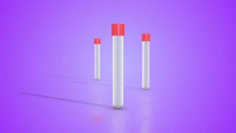 3D Blood Test Tubes on a Reflective Floor. Blood Sample Glass Container 3D. 4K Stock Footage 289878805
