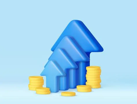 3d Blue up arrow and coin stacks Stock Illustration