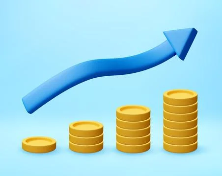 3D Blue arrow over stacks of gold coins. Ilustración de archivo