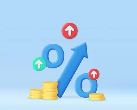 3D blue arrow percent with stack coin. Stock Illustration