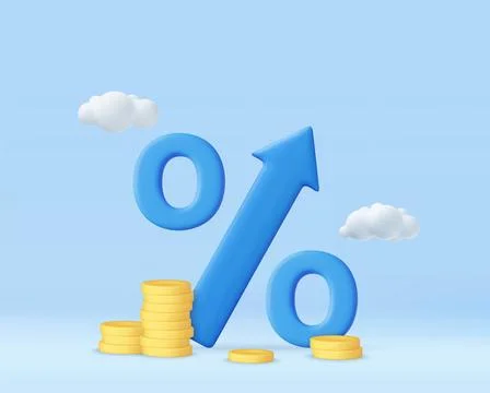 3D blue arrow percent with stack coin. Stock Illustration