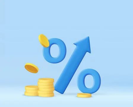 3D blue arrow percent with stack coin. Stock Illustration