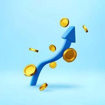 3D Blue arrow pointing upward and flying coin Stock Illustration