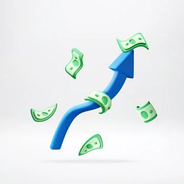 3D Blue arrow pointing upward with money banknotes Stock Illustration