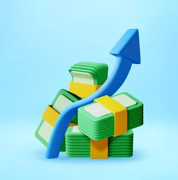 3D Blue arrow rising over stacked money bills Stock Illustration