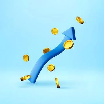 3d Blue arrow upward with floating gold coins Stock Illustration