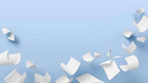 3d blue background with white paper sheets falling down. Scatter blank pages Illustrazione stock