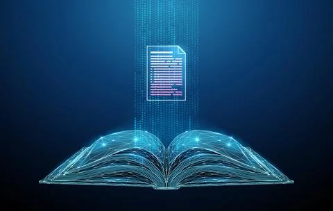 3D blue book and document in a data stream. Knowledge, education, information Stock Illustration