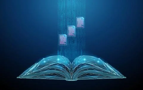 3D blue book and documents in data stream. Online education, e-learning, digital Stock Illustration