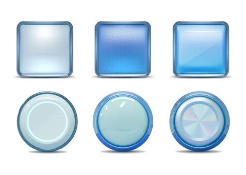 3d blue button. Metal frame. Technology round box or glossy glass shape Illustrazione stock