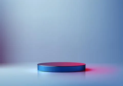 3D Blue Circle Podium with Red Neon Reflection on Blue Background for Minim.. Stock Illustration
