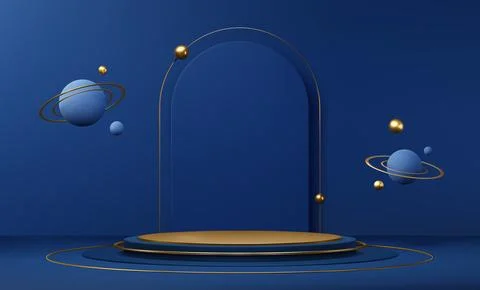 3d blue circular vector podium stage with planets Illustrazione stock