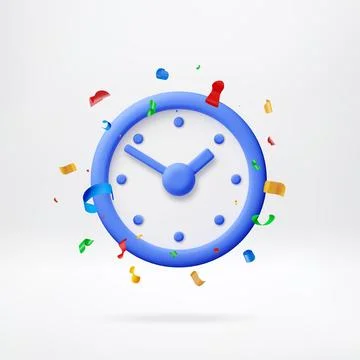 3D Blue clock with confetti flying around. Stock Illustration