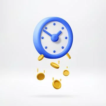 3D Blue clock with falling gold coins. Stock Illustration
