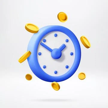 3D Blue clock with floating gold coins. Stock Illustration