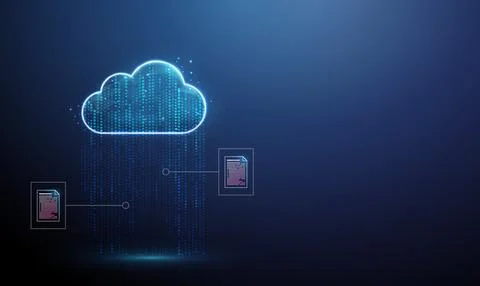 3D blue cloud and data stream with document files Cloud storage, data transfer Stock Illustration