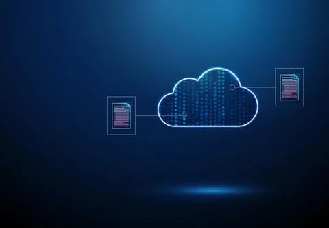 3D blue cloud with documents. Cloud storage, data backup, online file sharing Illustrazione stock