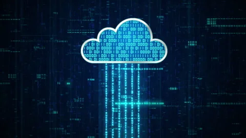 3D blue cloud system with binary code encryption, Data upload download to cloud Stock Footage 242757288