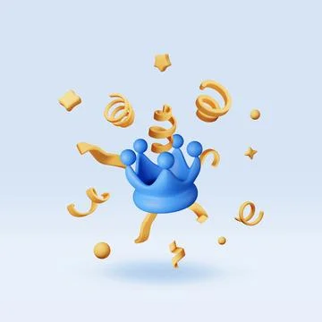 3D blue crown icon and confetti. Stock Illustration