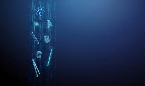 3D blue data stream with educational symbols Online education, digital learning Stock Illustration