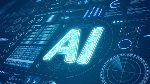 3D Blue digital AI logo with HUD background and futuristic technology Stock Footage 234330758