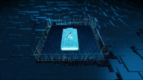 3D blue digital battery logo and particles with circuit board 스톡 동영상 242935187