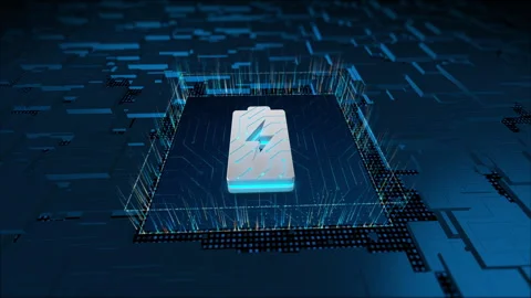 3D blue digital battery logo and particles with circuit board Stock Footage 243411585