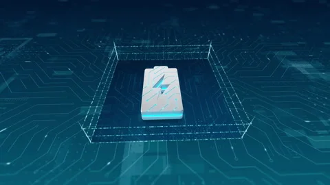 3D blue digital battery logo and particles with circuit board Stock Footage 243816034