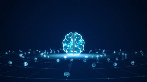 3D Blue digital brain logo with grid and rotation circle line connection Stock Footage 248369180