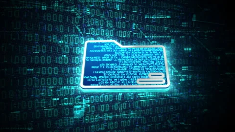 3D blue digital folder file glowing shining with blue binary code encryption Stock Footage 240456641