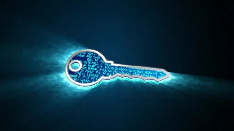 3D blue digital key glowing shining with blue binary code encryption data Stock Footage 240461009