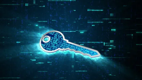 3D blue digital key glowing shining with blue binary code encryption data Stock Footage 240462923