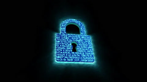 3D blue digital lock glowing shining with blue binary code encryption data Stock Footage 239906346