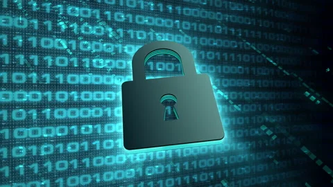 3D blue digital lock glowing shining with blue binary code encryption data Stock Footage 239925987