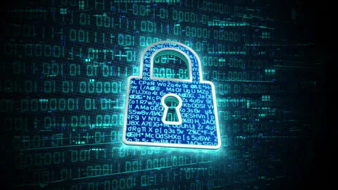 3D blue digital lock glowing shining with blue binary code encryption data Video stock 240415756