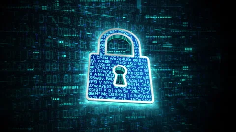 3D blue digital lock glowing shining with blue binary code encryption data Stock Footage 241675498