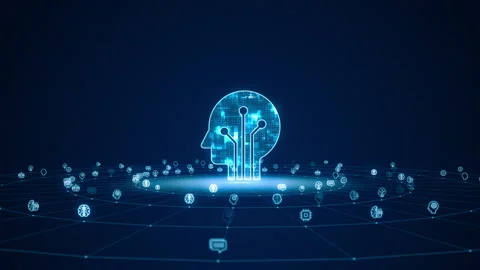 3D Blue digital robot head logo with grid and rotation circle Stock Footage 248369193