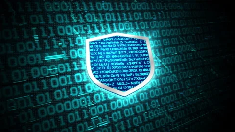 3D blue digital shield glowing shining with blue binary code encryption data Stock Footage 239993540