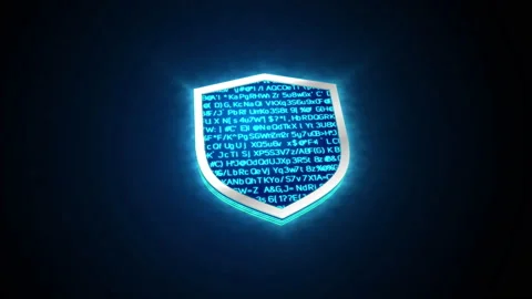 3D blue digital shield glowing shining with blue binary code encryption data Stock Footage 239998220