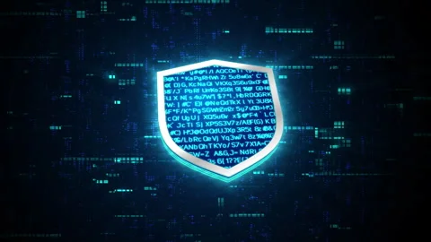 3D blue digital shield glowing shining with blue binary code encryption data Stock Footage 240417830