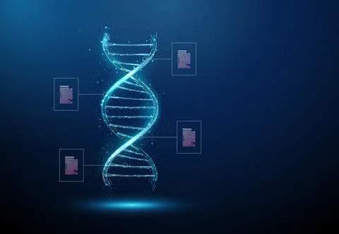 3D blue DNA with data squares. Genetics, genome sequencing, bioinformatics, dna Stock Illustration