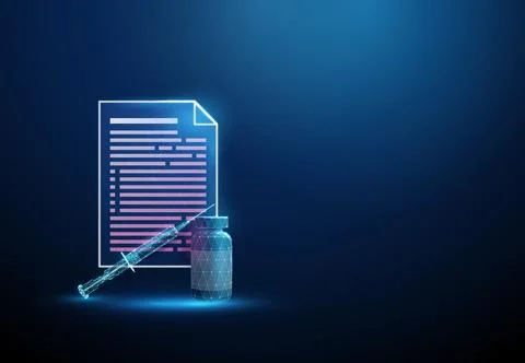 3D blue document and bottle with syringe. Vaccination, medical prescription Stock Illustration