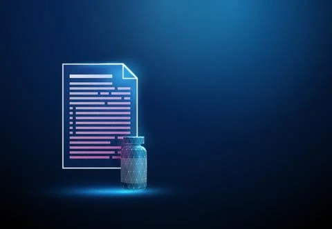 3D blue document and bottle. Prescription, pharmacy, medication, healthcare Stock Illustration