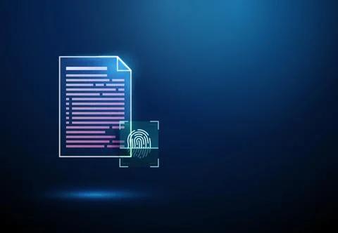 3D blue document and fingerprint in scan frame. Biometric, identity verification Stock Illustration
