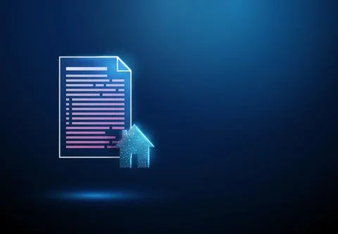 3D blue document and house icon. Real estate, property contract, mortgage loan Stock Illustration