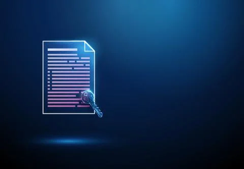 3D blue document and key. Access, security, confidential record, legal agreement Illustrazione stock