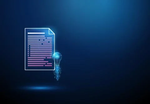 3D blue document and light bulb launch. Idea, innovation, startup, business plan Stock Illustration