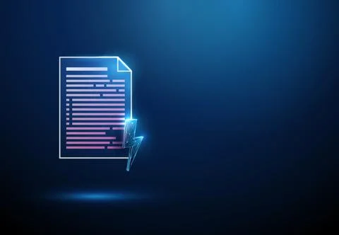 3D blue document and lightning. Fast speed, instant processing, digital document Stock Illustration