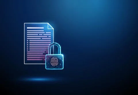 3D blue document and lock with fingerprint. Cybersecurity, data privacy Stock Illustration